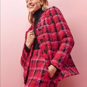 ANN TAYLOR PINK MULTI HOUNDSTOOTH TWEED LONG CARDIGAN JACKET 0